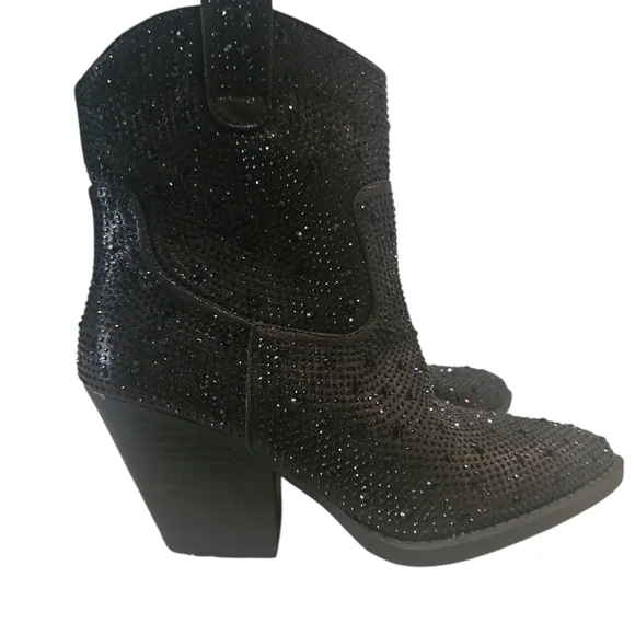 FOREVER RiverWomen Rhimestone Block Chunky Heel Black Glitter Ankle Boots Size 7 - Picture 3 of 13
